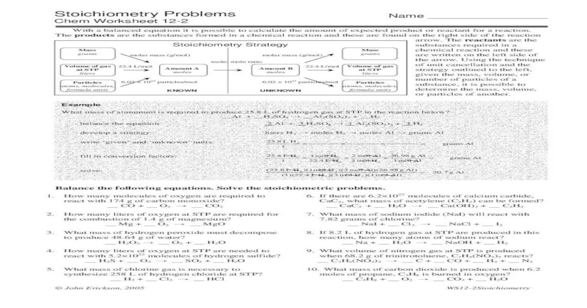 Stoichiometry problems chem worksheet 12 2